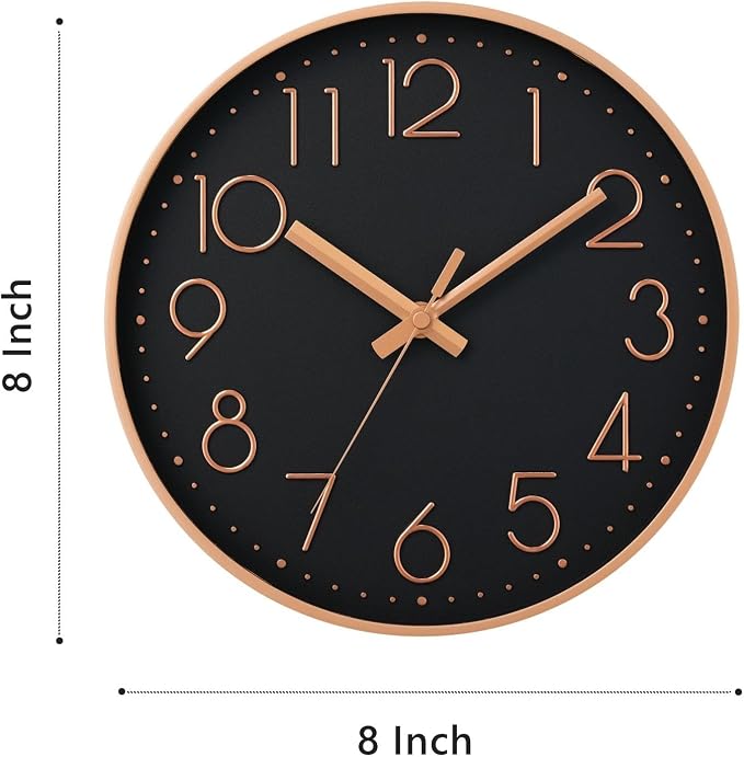 DAXSMY Wall Clock - 8 Inch Silent Non-Ticking Modern 3D Wall Clocks Battery Operated - Decorative Clock for Kitchen, Home Office, Bathroom, Bedroom(Black)