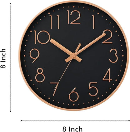DAXSMY Wall Clock - 8 Inch Silent Non-Ticking Modern 3D Wall Clocks Battery Operated - Decorative Clock for Kitchen, Home Office, Bathroom, Bedroom(Black)