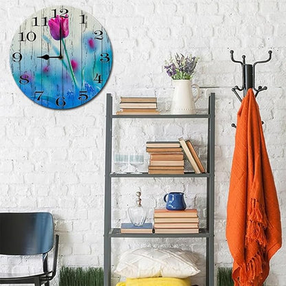 Purple Tulip Wall Clock 10 Inch Silent Non Ticking Battery Operated Wooden Modern Office Simple Minimalist Clock Decorative for Kitchen Home Bathroom Living Room
