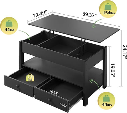 WLIVE Coffee Table, Lift Top Coffee Table with 2 Drawers, Large Hidden Compartment and Open Storage Shelf, Lift Tabletop, Dining Table for Living Room, Black