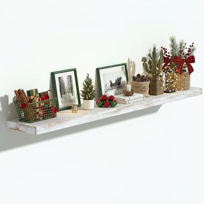 Vivelove Elm Wood Long Floating Shelves for Wall, 48 inches x 8” Deep Wooden Shelves, for Living Room Bedroom Kitchen Bathroom Office, Rustic Farmhouseme Decor, Set of 1 - Distressed Washed White