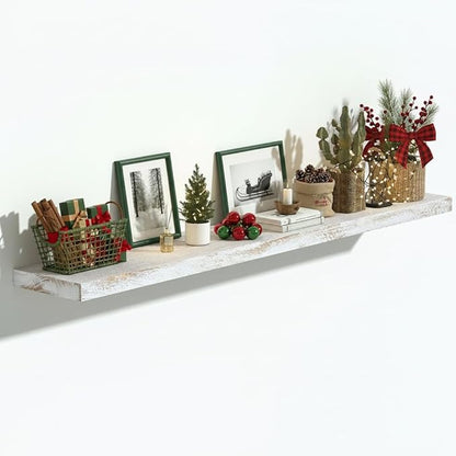 Vivelove Elm Wood Long Floating Shelves for Wall, 48 inches x 8” Deep Wooden Shelves, for Living Room Bedroom Kitchen Bathroom Office, Rustic Farmhouseme Decor, Set of 1 - Distressed Washed White