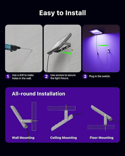 4 Pack 50W Blacklight Flood Lights Wired 120V IP66 Waterproof UV Led Black Lights for Fluorescent Decor, 3D Resin Prints, Uranium Glass, Ultraviolet Poster, Purple Ambiance Lighting for Glow Party
