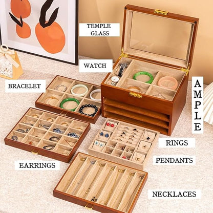 Walnut Wood Jewelry Box, 4-Tier Soild Wood Jewelry Box with 3 Drawers Large Storage Lockable Jewelry Organizer with Glass Lid Christmas Gifts for Necklaces Rings Earring Watches Bracelets