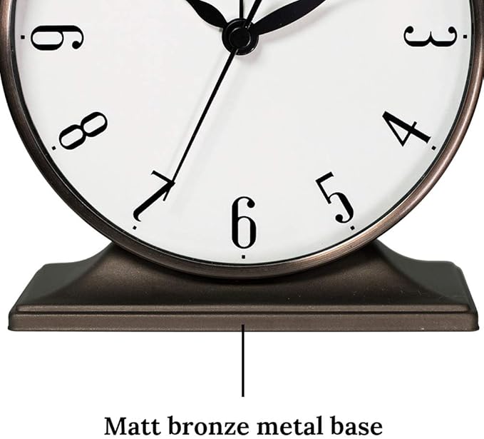 Presentime & Co Lewis Mantel Alarm Clock, Desk and Shelf Clock, Tabletop Decoration, 5.5 x 5 inch, Silent no Ticking, Metal Base, Bronze Finish, Arabic Numeral