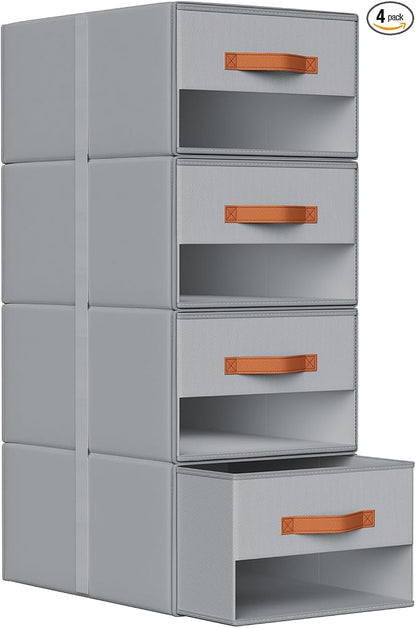DIMJ Closet Organizers and Storage - Fabric Bins with Drawers for Closet Clothes Organizers with Clear Window, Stackable Storage Drawers Units for Bedroom, Living Room, 4 Pack, Grey