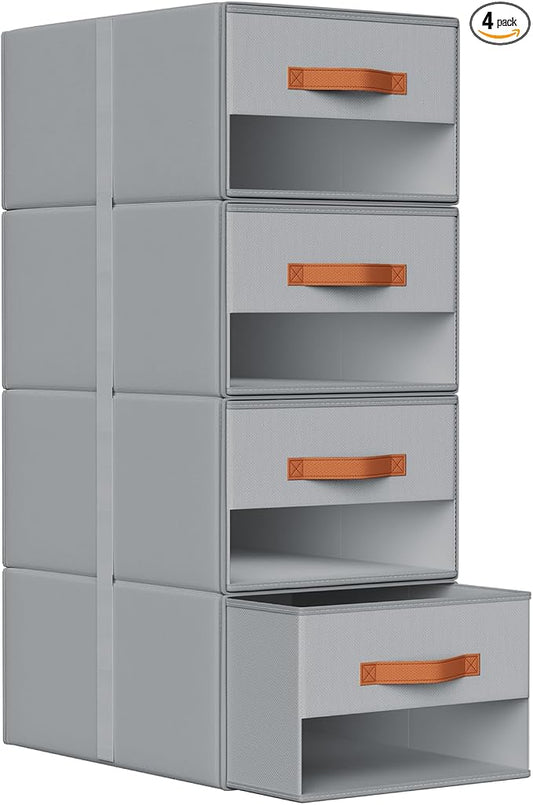 DIMJ Closet Organizers and Storage - Fabric Bins with Drawers for Closet Clothes Organizers with Clear Window, Stackable Storage Drawers Units for Bedroom, Living Room, 4 Pack, Grey