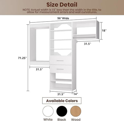 ROOMTEC Modular Closet System, 96" Wall Mounted Modern Closet Organizer with Hanging Rods and Drawers, Wooden Tower for Walk-In Closets, Wardrobe Storage Kit, White