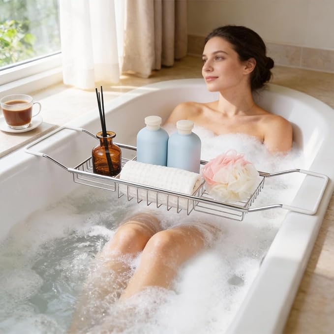 Cabilock Bathtub Tray - Stainless Steel Bathtub Caddy, Expandable Extra Wide Bath Tub Organizer, Rust-Resistant Over The Tub Shelf Rack with Non-Slip Grips for Phone Book Wine Glass, Silver