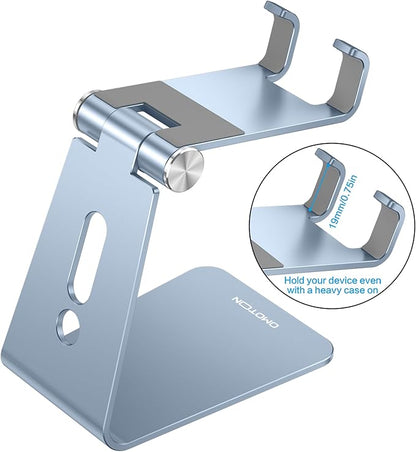 OMOTON Adjustable Cell Phone Stand, Aluminum Desktop Cellphone Stand with Anti-Slip Base and Convenient Charging Port, Fits All Smart Phones, Light Blue
