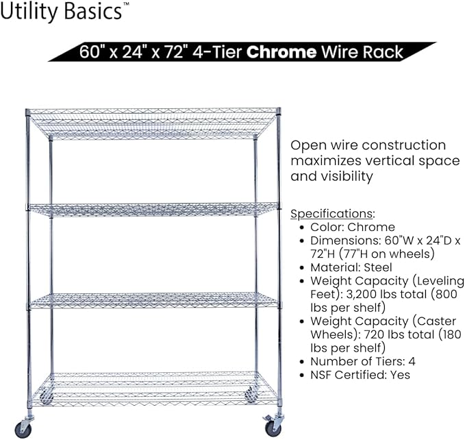 Utility Basics NSF Commercial 4-Tier Wire Shelving with Wheels, 60"x24"x72" Heavy Duty Metal Shelves 3200 lbs Max Capacity, Chrome Storage Rack for Garage Kitchen Pantry Warehouse