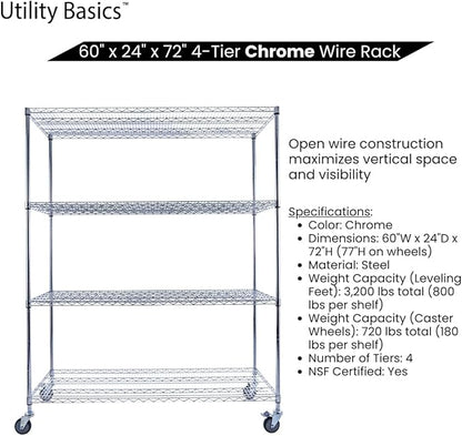 Utility Basics NSF Commercial 4-Tier Wire Shelving with Wheels, 60"x24"x72" Heavy Duty Metal Shelves 3200 lbs Max Capacity, Chrome Storage Rack for Garage Kitchen Pantry Warehouse