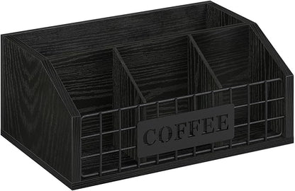 YINMIT Coffee Station Organizer for Countertop, Wood Coffee Bar Organizer with Removable Dividers for Pods, Syrup, Cups, Stirrer, Tea - Office Bar Accessories, Iron Wire-Black