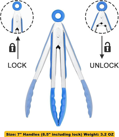 HINMAY Small Tongs with Silicone Tips 7-Inch Serving Tongs, Set of 3 (Blue)