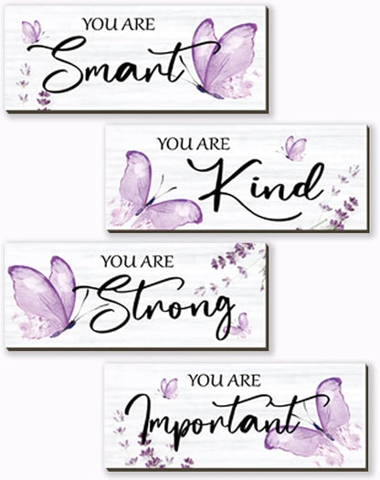 DONFENTHY 4 Pcs Butterfly Wall Decor Purple Room Decor Wooden Positive Butterfly Inspirational Word Sign for Teen Girls Women Bathroom Bedroom Office(Purple,10x4 Inch)