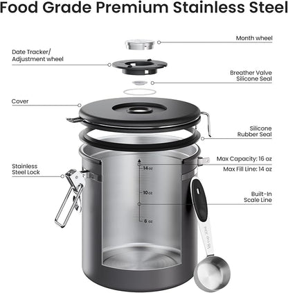 Veken Coffee Canister, Airtight Stainless Steel Kitchen Food Storage Container Holder for Beans, Ground, Tea, Flour, Cereal, Sugar, Espresso, Bar Accessories, Lids, Jars, Sealed Tin, Scoop,16OZ, Gray