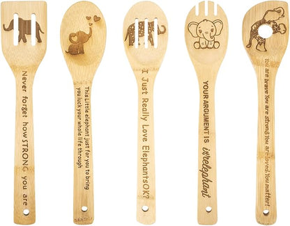 5PCS Elephant Wooden Cooking Spoons Elephant Gifts Elephant Decor Elephant Gifts for Women Elephant Kitchen Decor Premium Quality Housewarming Wedding Cooking Bamboo Cooking Spoons for Everyday Use