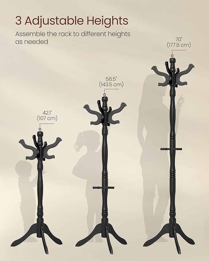 VASAGLE Coat Stand, Solid Wood Freestanding Coat Rack with 11 Hooks, Hall Tree for Bags, Purses, Hats, for Entryway, Hallway, Rubberwood, Ink Black URCR005B01