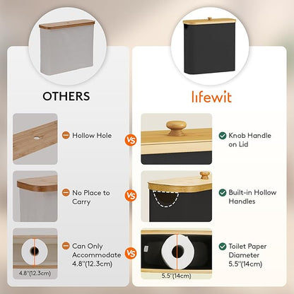 Lifewit Toilet Paper Storage Holder for 12 to 16 Rolls, Free Standing Toilet Paper Basket Stand with Bamboo Lid, Collapsible Fabric Bathroom Organizer Box for Mega Rolls, 30L, Extra Large, Black