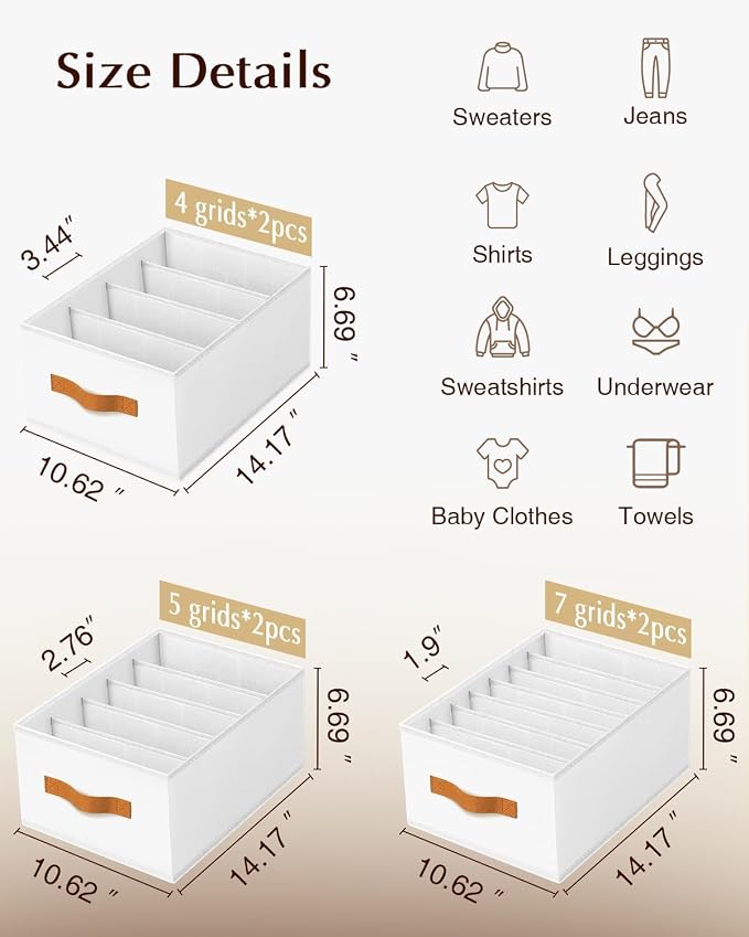 DIMJ Wardrobe Clothes Organizer - 4/5/7 Grids Foldable Closet Drawer Organizer Dividers for Jeans, Pants, Sweater, T Shirt, Storage Bins with Handles for Shelf