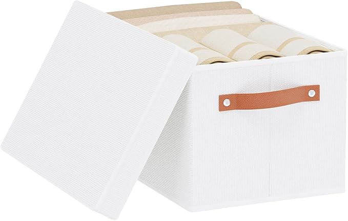 YheenLf Fabric Storage Box with Lid, Foldable Storage Bin for Shelves, Decorative Closet Organizer with Handles, White, 15 x 9.8 x 8.3 Inch,1-Pack