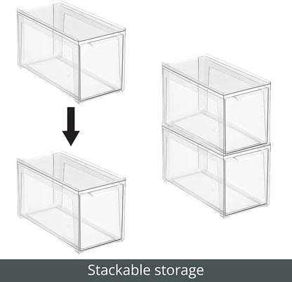 mDesign Plastic Stackable Bathroom Storage Organizer Bin Containers with Front Pull Drawer for Bathroom Countertop, Vanity, Closet Shelves - Holder for Accessories - Lumiere Collection, 2 Pack, Clear