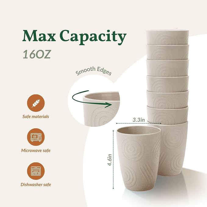 Homienly Wheat Straw Cup Unbreakable Water Cup | 16 OZ Reusable Water Drinking Glasses Sets of 8 | Lightweight Tumbler for Kitchen Outdoor | Dishwasher & Microwave Safe Kitchen Cup Set - Beige