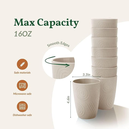 Homienly Wheat Straw Cup Unbreakable Water Cup | 16 OZ Reusable Water Drinking Glasses Sets of 8 | Lightweight Tumbler for Kitchen Outdoor | Dishwasher & Microwave Safe Kitchen Cup Set - Beige