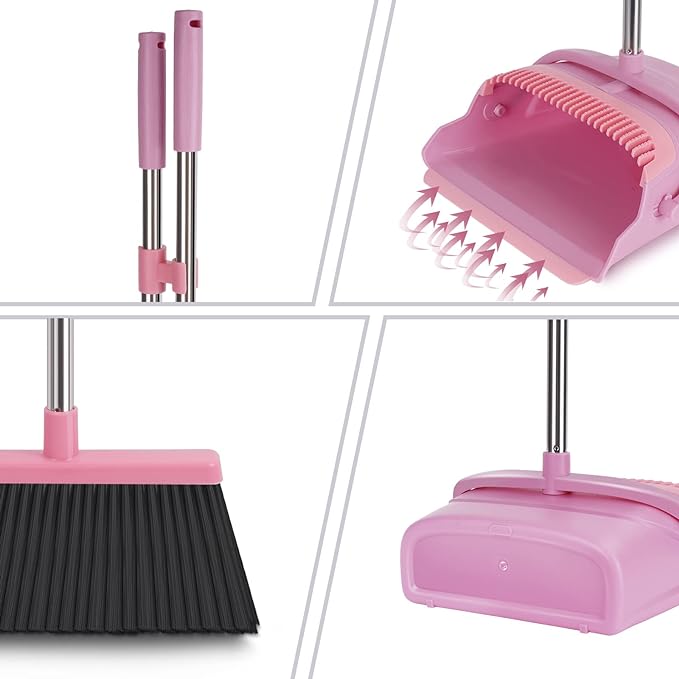 Broom and Dustpan Set for Home, Office, Indoor&Outdoor Sweeping, Stand Up Broom and Dustpan (Pink)