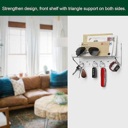 Decorative Wall Key Holder - Acrylic Mounted Key Hooks with Shelf, Entryway Rack, Mail Organizer, Living Room Decor (Clear)