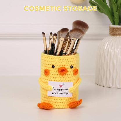 SKYDUE Crocheted Pen & Pencil Holder with Inspirational Card - Handmade Desk Organizer for Office, School, Home - Functional Desk Decor Pen Cup