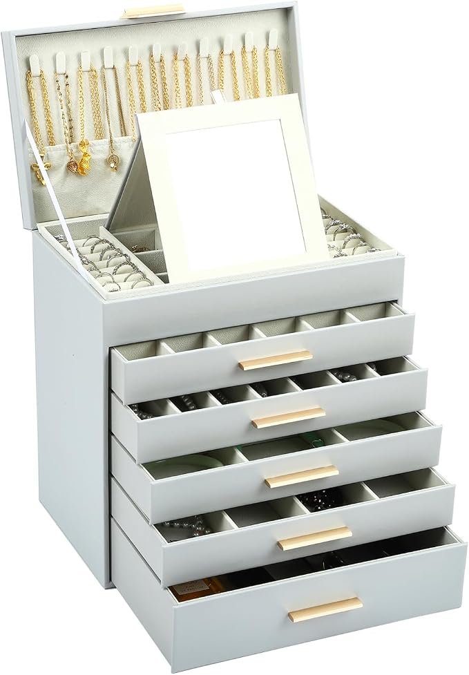 BOOVO Jewelry Boxes for Women, White and Black 6 Layer Large Jewelry Box for Necklace, Bracelet, Earrings, Rings Storage, Jewelry holder Organizer for Girls Gift (Grey and Gold, 6 layer)