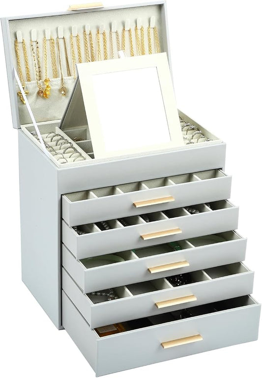 BOOVO Jewelry Boxes for Women, White and Black 6 Layer Large Jewelry Box for Necklace, Bracelet, Earrings, Rings Storage, Jewelry holder Organizer for Girls Gift (Grey and Gold, 6 layer)