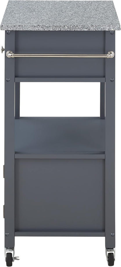 OSP Home Furnishings Fairfax Farmhouse Kitchen Cart with Granite Top, Rolling Storage Cabinet with Towel Rack, Shelf and Drawer, Grey Finish