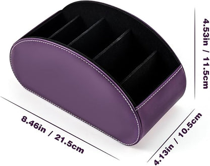 Remote Control Holders Organizer Box with 5 Compartment PU Leather Multi-functional Office Desk Storage Caddy Store Tv Remote for Media Player,Brush,Pencil,Glassees&Office Supplies (Dark Purple)