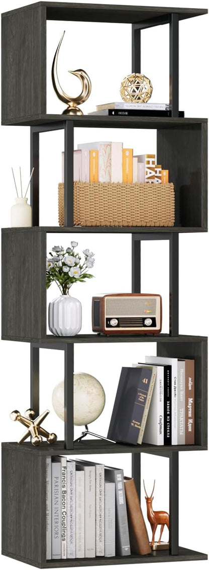 Furologee 6 Tier Bookshelf Tall Geometric Bookcase, S Shaped Industrial Display Standing Shelf, Metal and Wood Decorative Storage Room Divider Rack for Bedroom, Living Room, Office, Light Black Oak