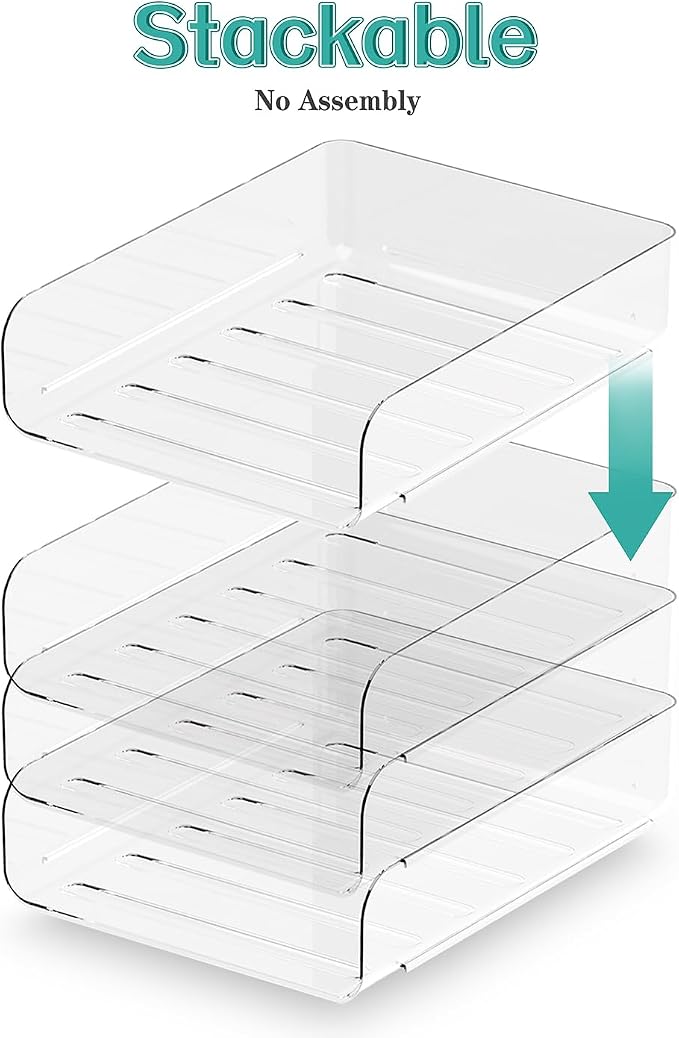 (4pcs Pack) HKeeper Stackable Paper Trays,Letter Tray Organizer,Office Desktop Organizer,A4 Paper Holder,Supplies Magazine,File Documents,Receipts(Clear,Regular)