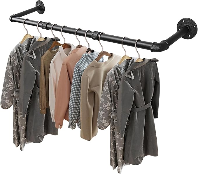Livabber Industrial Pipe Clothes Rack, Heavy Duty Detachable Iron Garment Rack Wall Mounted, Rustic Saving Space Clothes Bar Multi-Purpose Hanging Rod for Bedroom, Closet, Black (36 Inch)