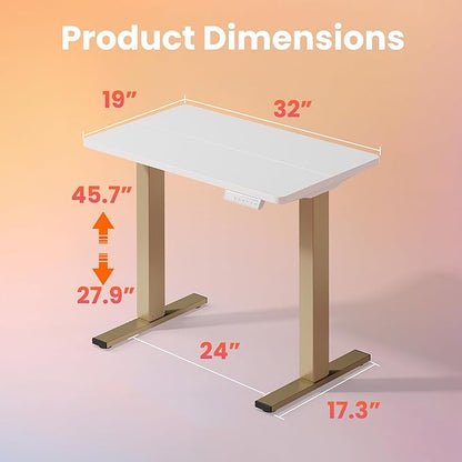 HUANUO 32" Small Electric Standing Desk Adjustable Height, 4 Memory Height Settings, Sit Stand Up Desk for Home Office & Computer Workstation, White and Gold Frame