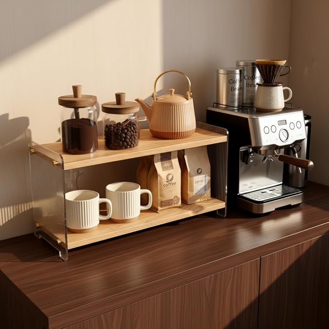 Coffee Station Organizer 2 Tier, Solid Wood Mug Shelffor Coffee Bar,Matcha Station,Tea Storage - Holds Mugs,Beans,Syrup,Cups,Tirrers (Solid Pine Wood Color, 15.4" L x 5.7" W x 8.2" H)