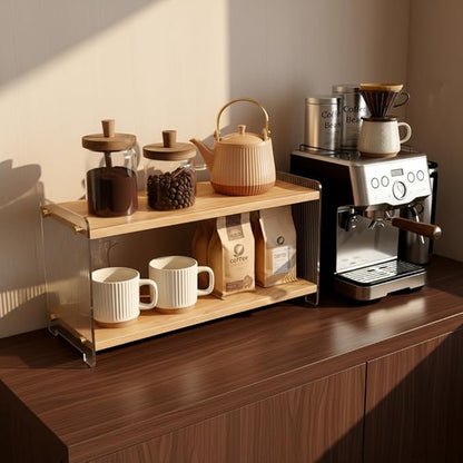Coffee Station Organizer 2 Tier, Solid Wood Mug Shelffor Coffee Bar,Matcha Station,Tea Storage - Holds Mugs,Beans,Syrup,Cups,Tirrers (Solid Pine Wood Color, 15.4" L x 5.7" W x 8.2" H)