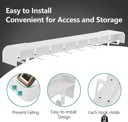 Coat Rack Wall Mount with Shelf 8 Hidden Hooks Modern Wooden Key Holder Entryway Organizer for Hallway Bedroom Bathroom Home Decor Storage for Hanging Coats Hats Bags Towels, White