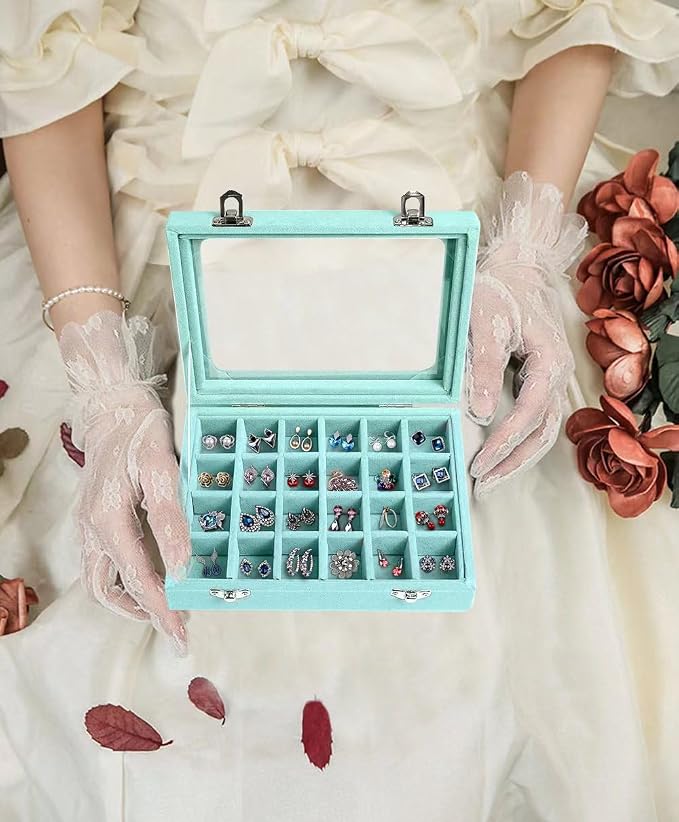 Velvet Jewelry Box 24 Grid Jewelry Earrings Display Organiser Box Ring Tray Holder Earrings Storage Case for Girls Women Wife Mom (Light blue)