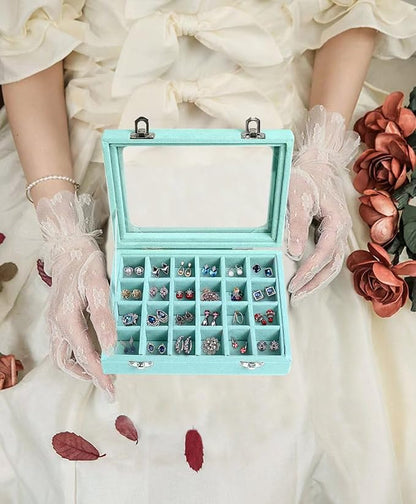 Velvet Jewelry Box 24 Grid Jewelry Earrings Display Organiser Box Ring Tray Holder Earrings Storage Case for Girls Women Wife Mom (Light blue)