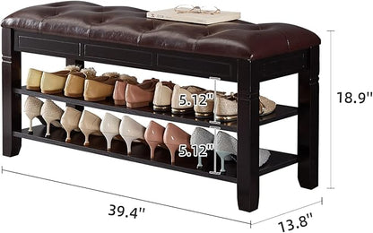 Shoe Storage Bench with Cushion, Entry Bench with Storage Solid Wood Shoe Bench Ideal for Entryway Living Room and Corridor (Black, 39.4'')