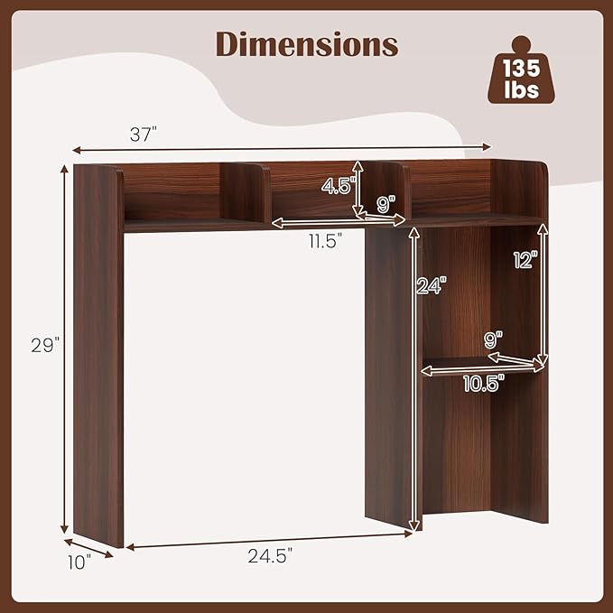 Desk Hutch, Desktop Shelf with 5 Shelves, Desk Bookshelf w/Anti-Toppling Devices, Wood Table Top Bookshelf Organizer, Small Desk Shelf for Study, Office, Dorm (Walnut, 5 Shelves)