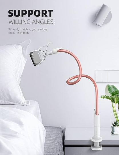 Lamicall Phone Holder Bed Gooseneck Mount - Cell Phone Clamp Clip for Desk, Flexible Lazy Long Arm Headboard Bedside, Overhead Mount Stand, for 4-7" Phone, iPhone 15 Pro Max, 14 Plus, 13, Rose Gold