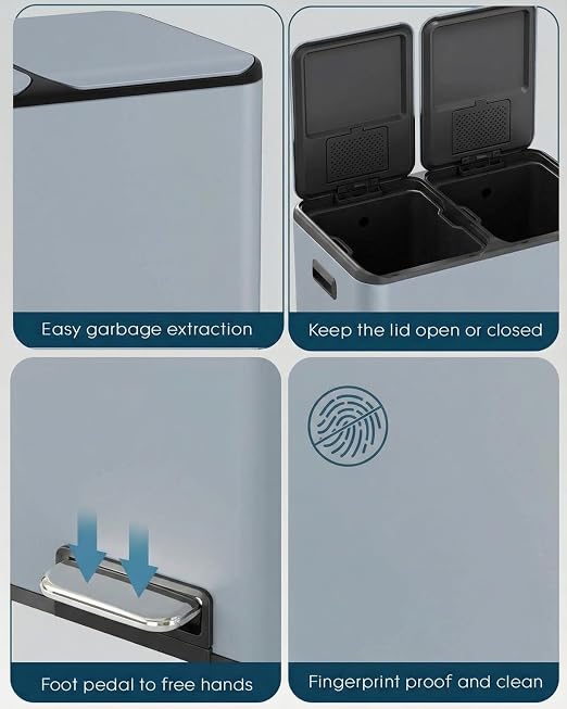 ComfyCorner 16 Gal (2 x 30 L) Dual Trash Can, Stainless Steel Kitchen Garbage Bin, Recycle Dustbin with Odor Control Box, Soft-Close Lid, Inner Buckets, Side Handle, Step Pedal, for Home Office