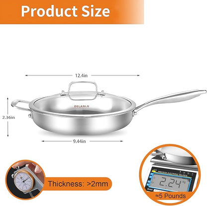 DELARLO Tri-Ply Stainless Steel Pan with Lid 12inch丨Compatible with All Cooktops Up to 600℉丨Stainless Steel Skillet 12 inch丨Heavy Duty丨Frying Pan with Lid丨18/10 Large Cooking Surface