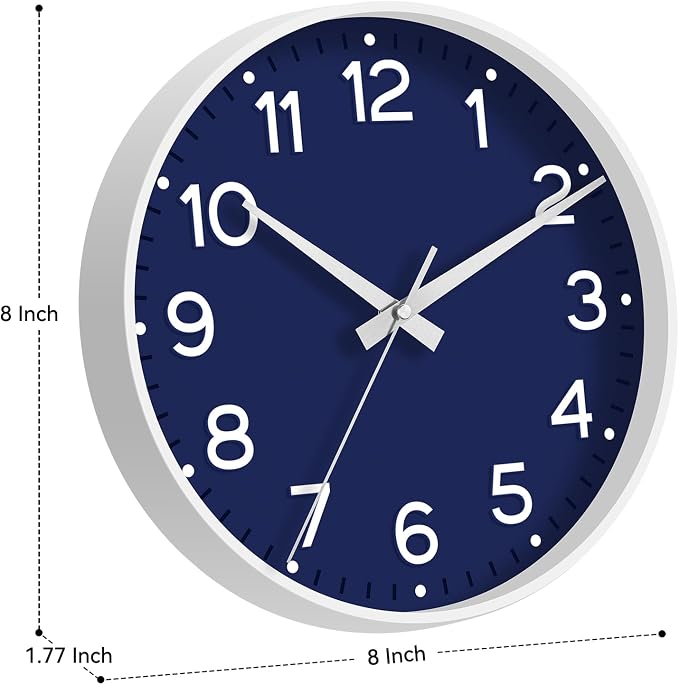 Roymnie Wall Clock, Silent Wall Clocks Battery Operated 8 Inch-Modern Non Ticking Analog Clock Decorative for Kitchen Office Bathroom Bedroom(Navy Blue)